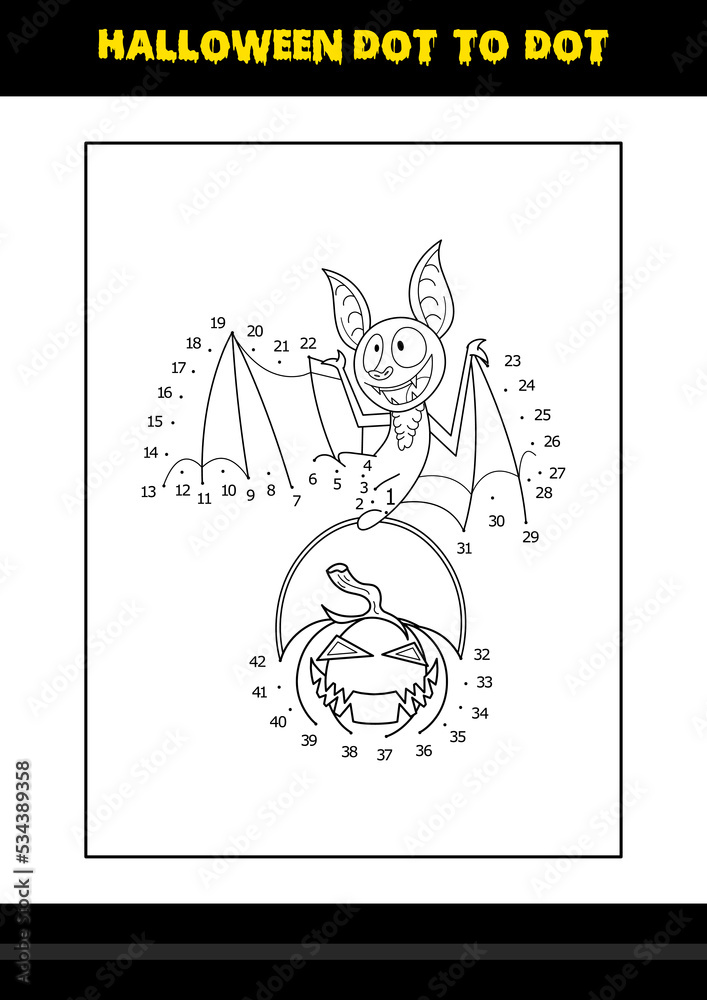 Halloween dot to dot coloring page for kids. Line art coloring page