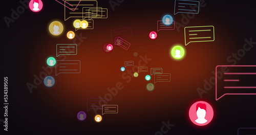 Image of colourful social network people icons and speech bubbles on brown background