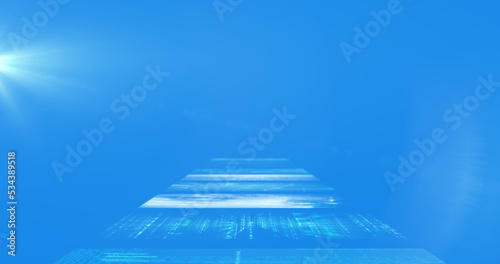 Image of data processing on interface screens over blue background with white spotlight