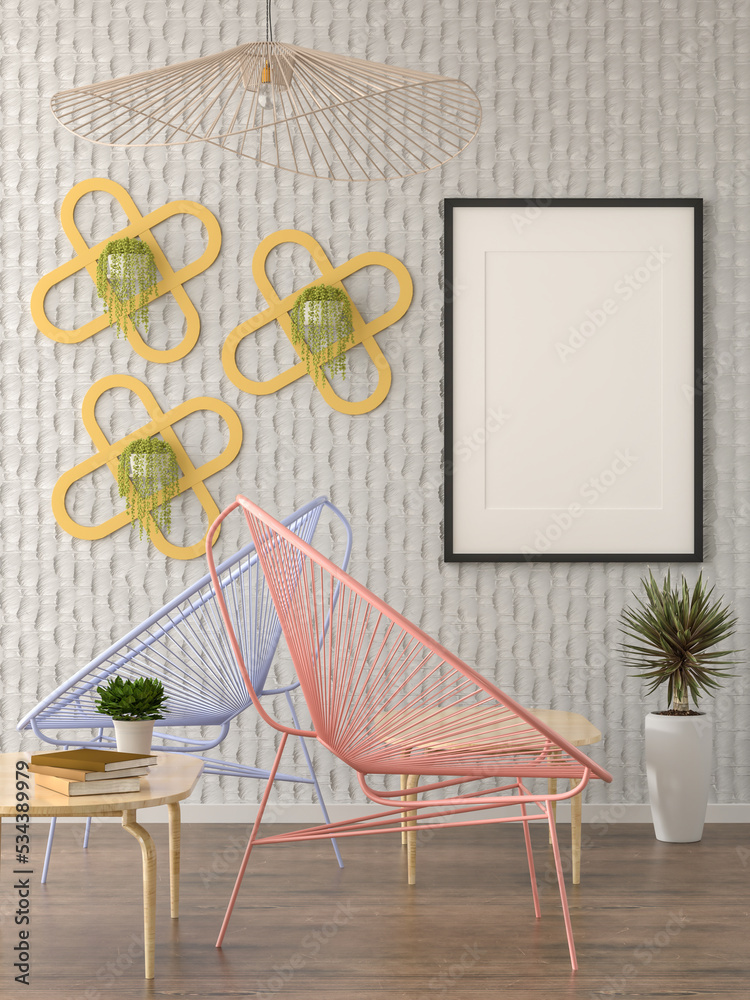 3D illustration mockup blank photo frame in living room rendering 3D illustration mockup blank photo frame in living room rendering