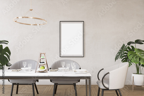 3D illustration Mockup blank photo frame in dining room rendering © Johnstocker