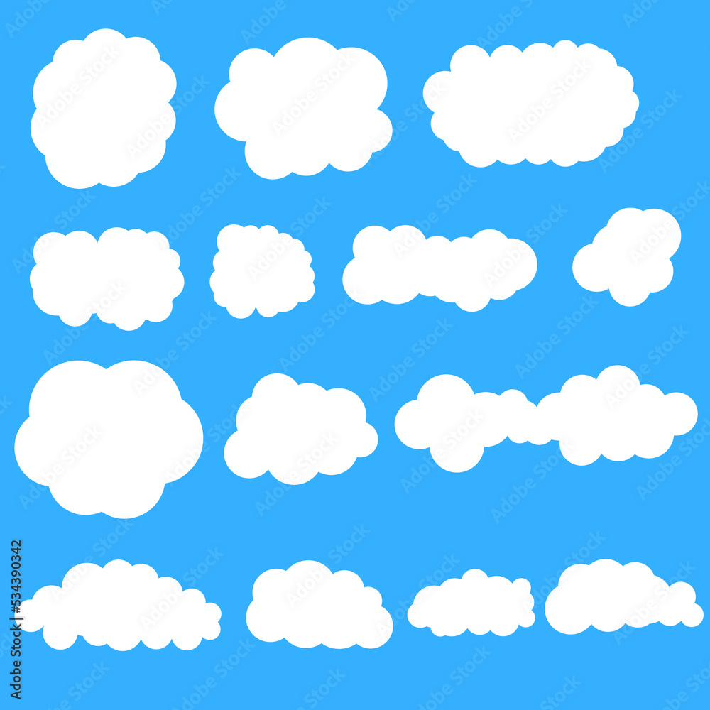 Vector illustration of a collection of cartoon clouds on a blue sky panorama. Cloudscape in blue sky. Great for posters about the sky