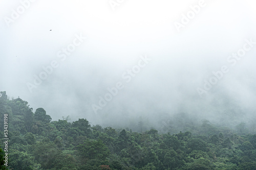 Mountain range with visible silhouettes through the morning colorful fog.