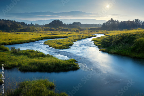 Wonderful mountain landscape with grass and river. 3D illustration