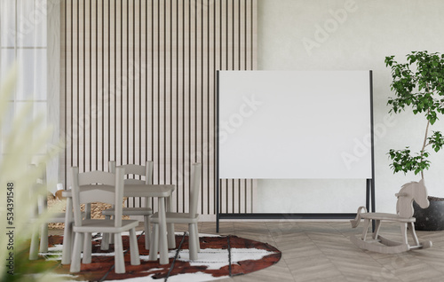 Fototapeta Naklejka Na Ścianę i Meble -  3D mockup blank white board in chirldren room rendering