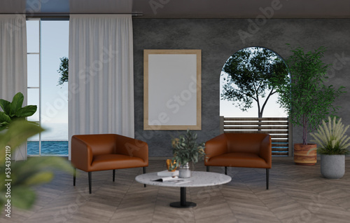 Fototapeta Naklejka Na Ścianę i Meble -  3D mockup blank photo frame in living room rendering