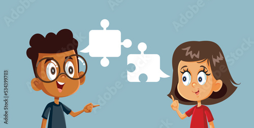 Kids Communicating as a Team in Educational Project Vector Concept Illustration. Brainstorming students collaborating in teamwork game 
