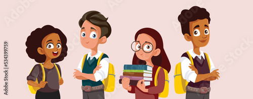 Happy Students Going Back to School Vector Cartoon Illustration. Team of happy teenagers going back to school
