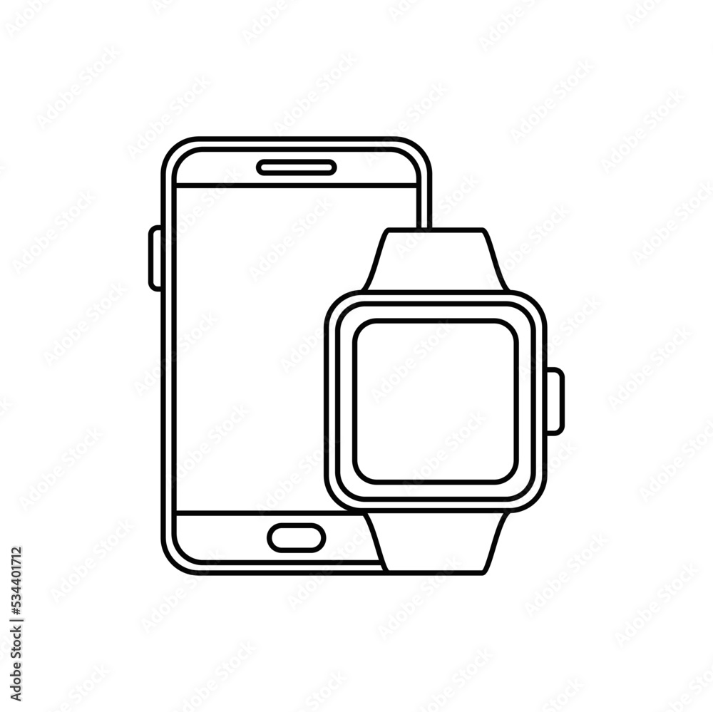 Smart watch and mobile smart phone icon in line style icon, isolated on white background Smart watch and mobile smart phone icon in line style icon, isolated on white background