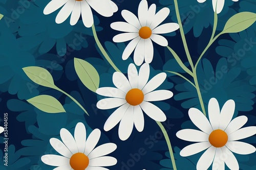 Daisy flower seamless on blue background illustration. Pretty floral pattern for print. Flat design .