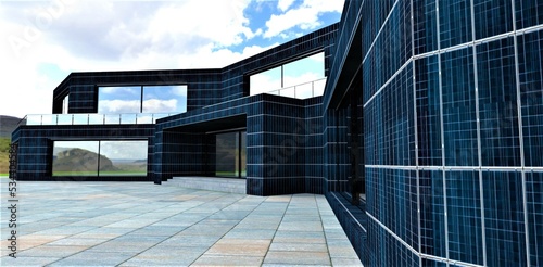 Architectural solution to decorate facade of building with solar panels. The area of photovoltaic surface with powerful batteries makes it possible to abandon industrial power grid. 3d render.