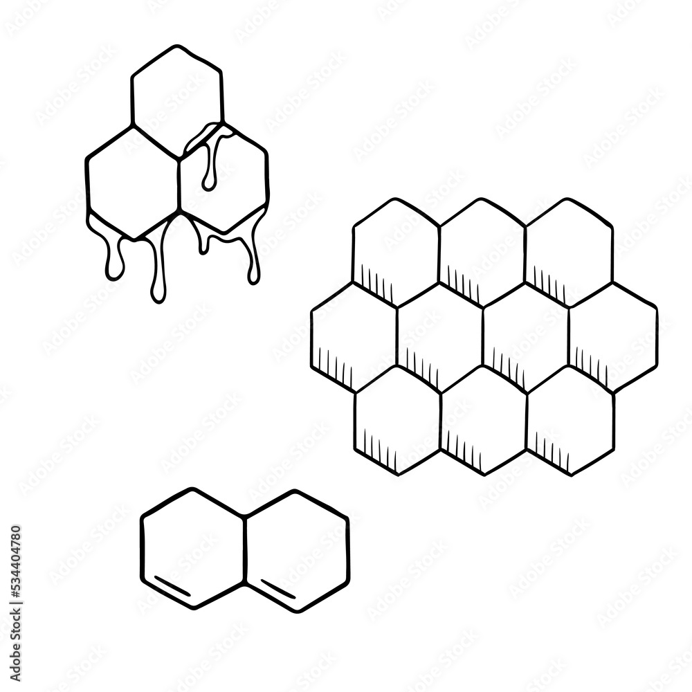 Honeycomb icon set. Honeycombs with current drops of honey. Black and white vector doodle illustration isolated on white background. Honeycomb icon set. Honeycombs with current drops of honey. Black and white vector doodle illustration isolated on white background.