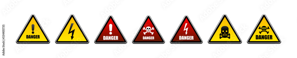 Set of signs of electrical and chemical hazards. Warning signs Set of signs of electrical and chemical hazards. Warning signs