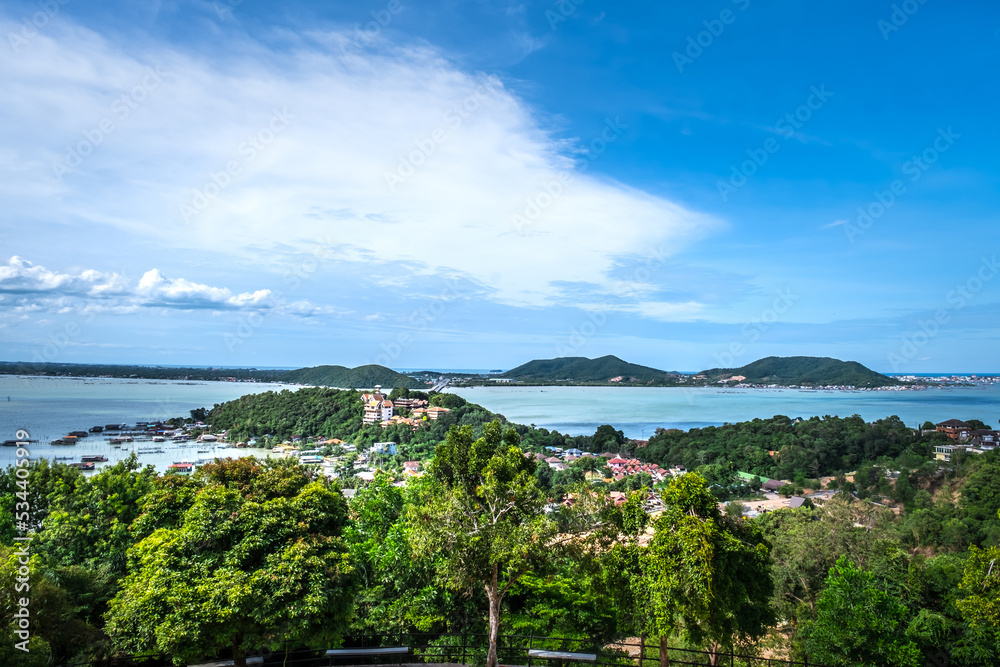 High angle shots landscape of island and lake with the house, Songkhla lake, Koh Yo island, Songkhla province, travel in Thailand, Beautiful destination place, Asia.