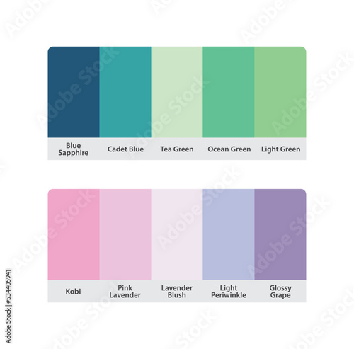 Matching pastel color palette guide catalog collection. RGB HEX codes with color names. Suitable for fashion Branding etc. 2 color palettes each contain 5 colors. Including blue green pink purple.
