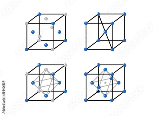 Set of Volumetric Crystal lattices. The position of atoms in a crystal. Vector illustration for physics, science.

