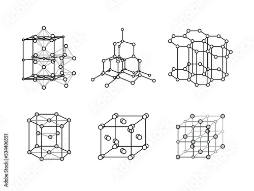 Set of Volumetric Crystal lattices. Molecular, Atomic, Ionic, Metallic Crystal lattice.
Crystal lattice  of diamond, graphite. The position of atoms in a crystal. Vector illustration for physics, scie