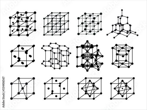 Set of Volumetric Crystal lattices. Molecular, Atomic, Ionic, Metallic Crystal lattice.
Crystal lattice  of diamond, graphite. The position of atoms in a crystal. Vector illustration for physics, scie
