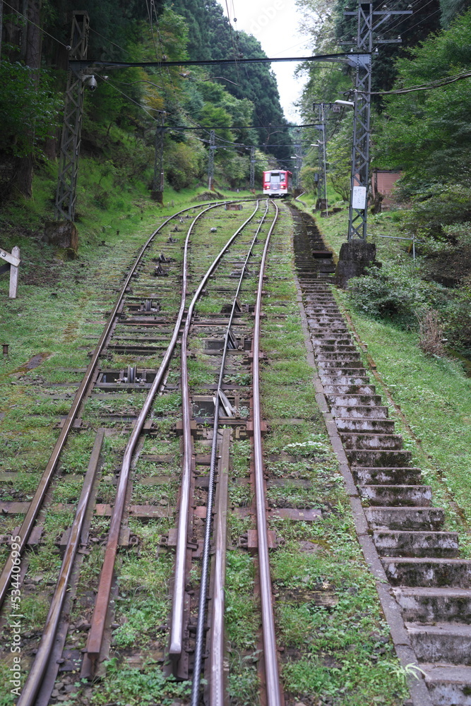 Tokyo,Japan - September 29, 2022: Turnout systems for two-rail funiculars or cable railway with Abt switch
Tokyo,Japan - September 29, 2022: Turnout systems for two-rail funiculars or cable railway with Abt switch