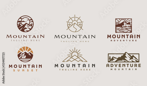 Mountain and Sun Rays, Mount Peak Hill Nature Landscape view for Adventure Outdoor logo template