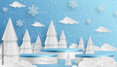 3d Winter Sale podium for banner illustration on festive pattern with snowflakes concept on color background. 
