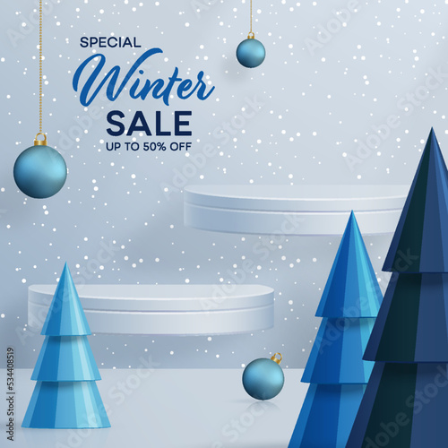 3d Winter Sale podium for banner illustration on festive pattern with snowflakes concept on color background. 