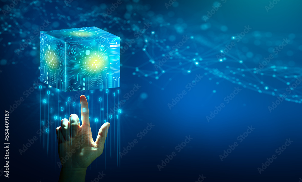 Businessman hand holding Cube technology with Abstract blue background