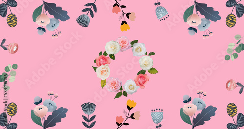 Image of flower wreath and frame on pink background