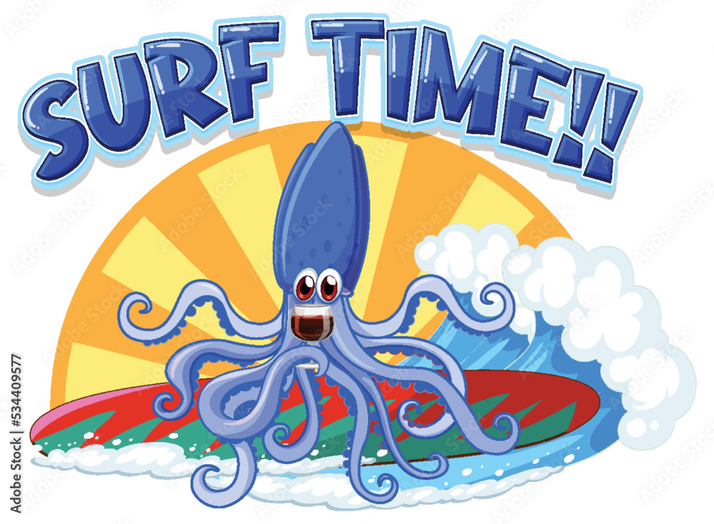 Fototapeta premium Cute squid on surfboard