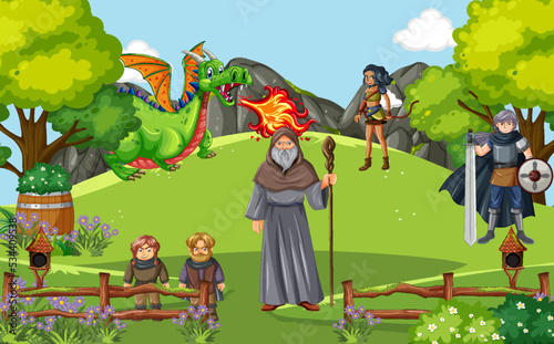 Enchanted scene with medieval cartoon characters