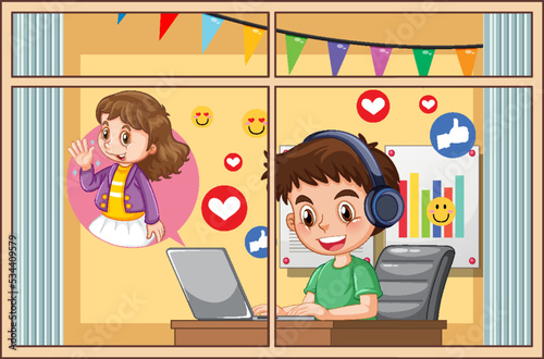A boy browsing social media on laptop