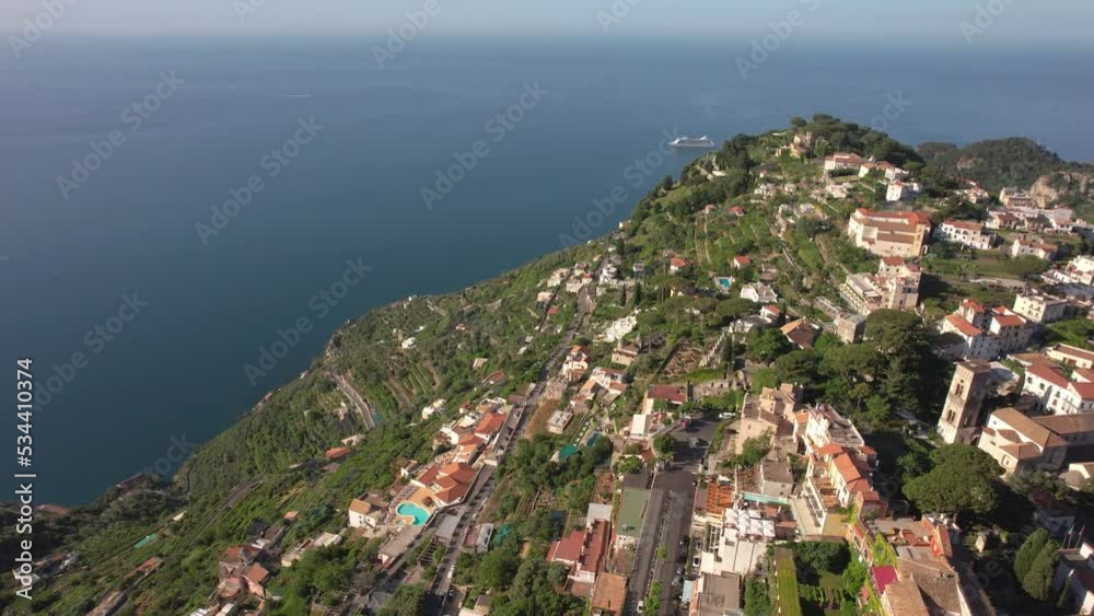 Drone flying over a mountain village with the camera tilting down, shot on the Amalfi coast in Italy in 4k Drone flying over a mountain village with the camera tilting down, shot on the Amalfi coast in Italy in 4k