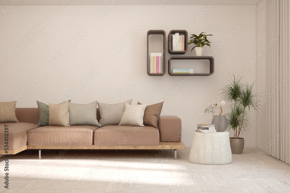 Fototapeta premium White living room with sofa. Scandinavian interior design. 3D illustration