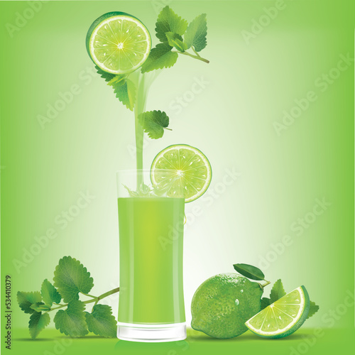 Drinking water from mint and lemon comes down to the glass.illustration vector