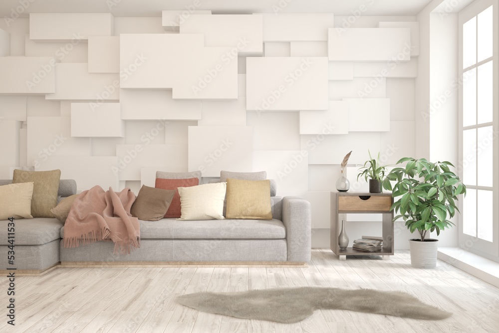 White living room with sofa. Scandinavian interior design. 3D illustration White living room with sofa. Scandinavian interior design. 3D illustration