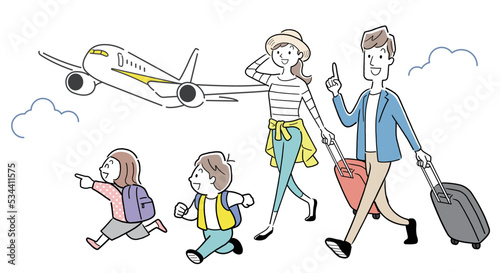 ベクターイラスト素材：飛行機で旅行へ行く4人家族
