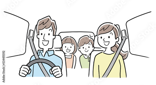 ベクターイラスト素材：車で出かける4人家族
