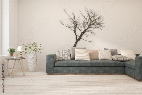 Fototapeta Naklejka Na Ścianę i Meble -  Modern living room in white color with sofa. Scandinavian interior design. 3D illustration