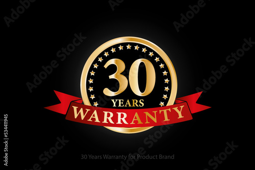 30 years golden warranty logo with ring and red ribbon isolated on black background, vector design for product warranty, guarantee, service, corporate, and your business.