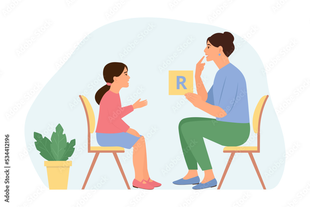 Speech therapy for preschool kid with therapist. Speech disorders in children.Proper articulation therapy for girl. Vector illustration.Isolated vector