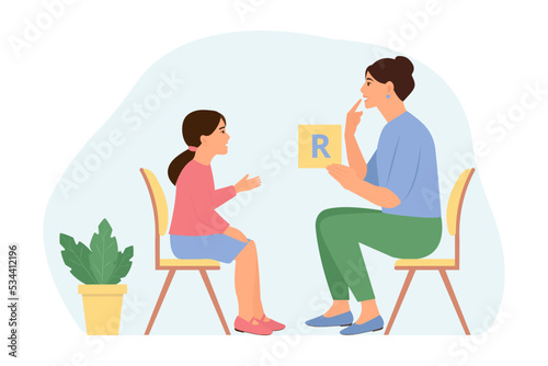 Speech therapy for preschool kid with therapist. Speech disorders in children.Proper articulation therapy for girl. Vector illustration.Isolated vector