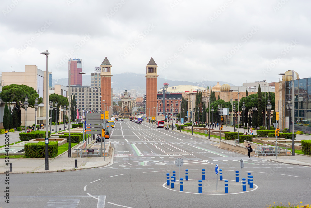 City, traffic circle buildings, sidewalks , streets, pedestrian crossings, Barcelona.