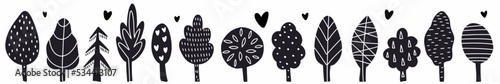Vector, children's, horizontal pattern with hand-drawn trees in doodle style