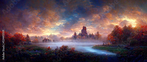 Picturesque nature painting of ancient river