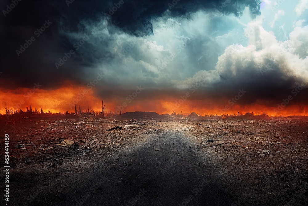 After the Apocalypse - 3D rendered computer generated image of a post-apocalyptic world after a cataclysmic, world-ending event. Extinction-level events (ELE) leave a barren wasteland with no humans
