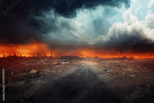 After the Apocalypse - 3D rendered computer generated image of a post-apocalyptic world after a cataclysmic, world-ending event. Extinction-level events (ELE) leave a barren wasteland with no humans