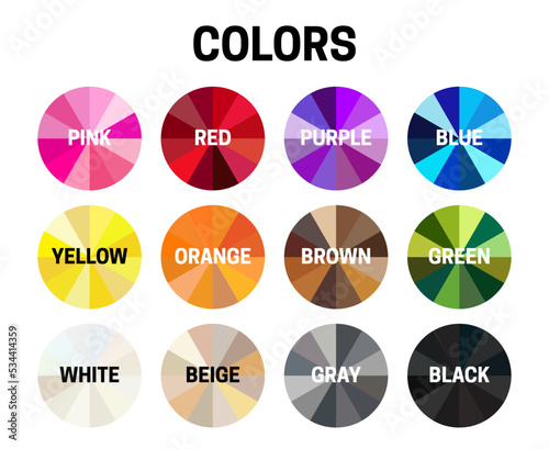 Colors Illustration with Pink, Red, Purple, Blue, Yellow, Orange, Brown, Green, White, Beige, Gray and Black Color Shade Wheels Isolated on White Background
