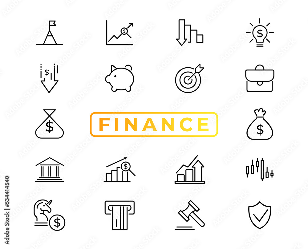 Finance line icons set. Money payments elements outline icons collection. Payments elements symbols. Currency, money, bank, cryptocurrency, check, wallet, piggy, balance, safe - stock vector.