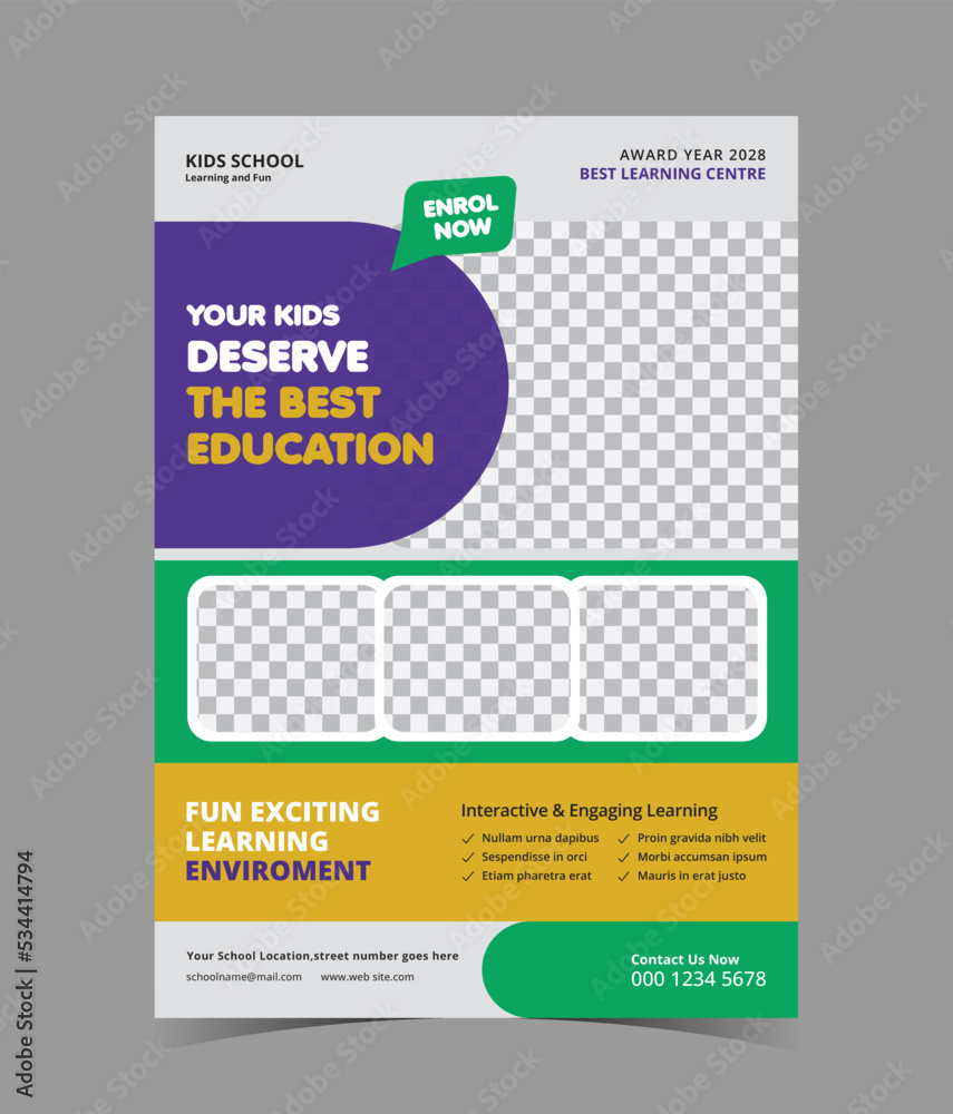 Creative and modern Kids back to school education admission flyer poster layout template