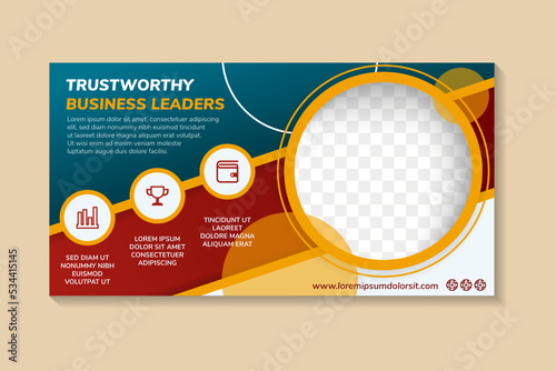 trustworthy Business leaders horizontal banner template design. Modern flyer design with blue background and yellow, red and white on elements shape. Usable for banner, cover, brochure and header.